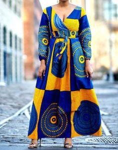D'iyanu African Print Long Sleeve Empire Pleaded Waistline Maxi Dress